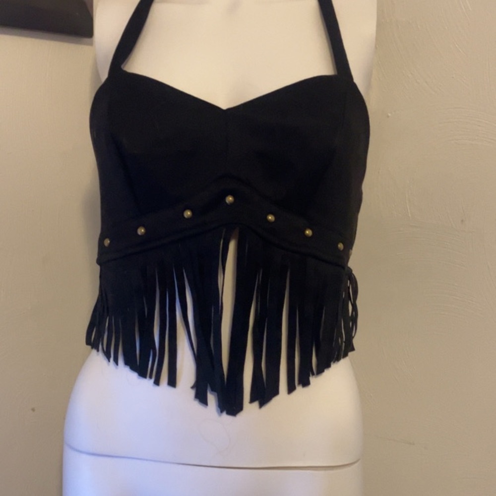 Fringe Halter Crop Top with Stud Accents